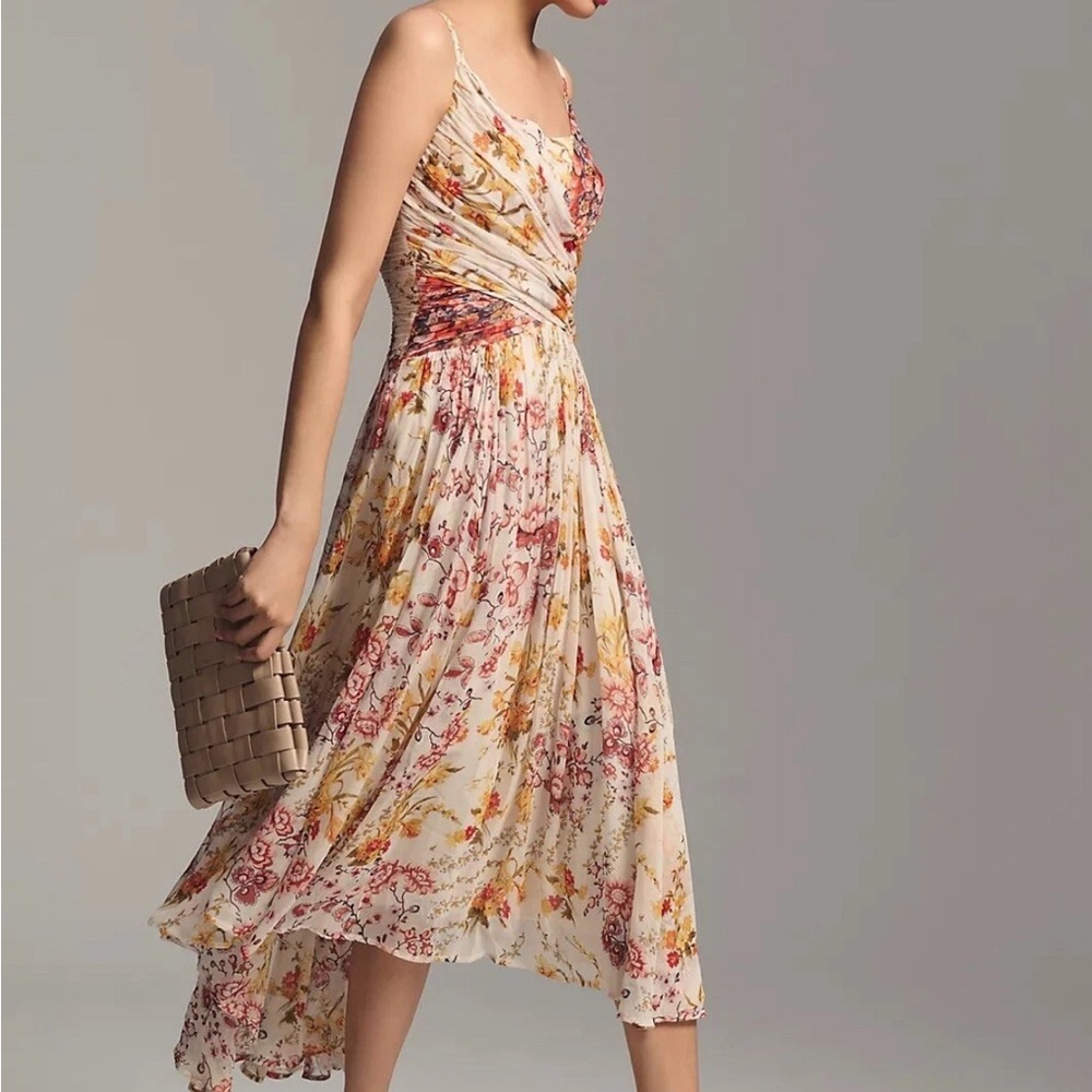 Anthropologie Ruched Cross Front Square-Neck Floral Midi Dress - Picture 2 of 12